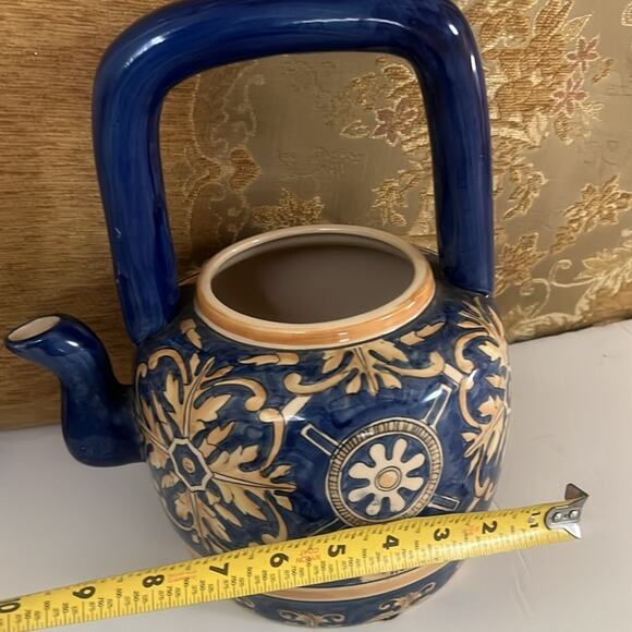 ANTIQUE CHINESE YELLOW‎ COBALT BLUE CERAMIC POTTERY TALL HANDLE TEA POT - Picture 8 of 8